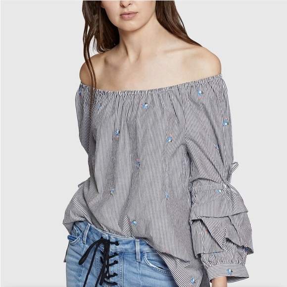 Sanctuary Tops - Sanctuary Saffron Cotton Striped Top Sz Large Off-Shoulder Cottagecore Peasant